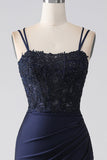 Mermaid Spaghetti Straps Beaded Navy Ball Dress with Ruffles