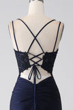 Mermaid Spaghetti Straps Beaded Navy Ball Dress with Ruffles