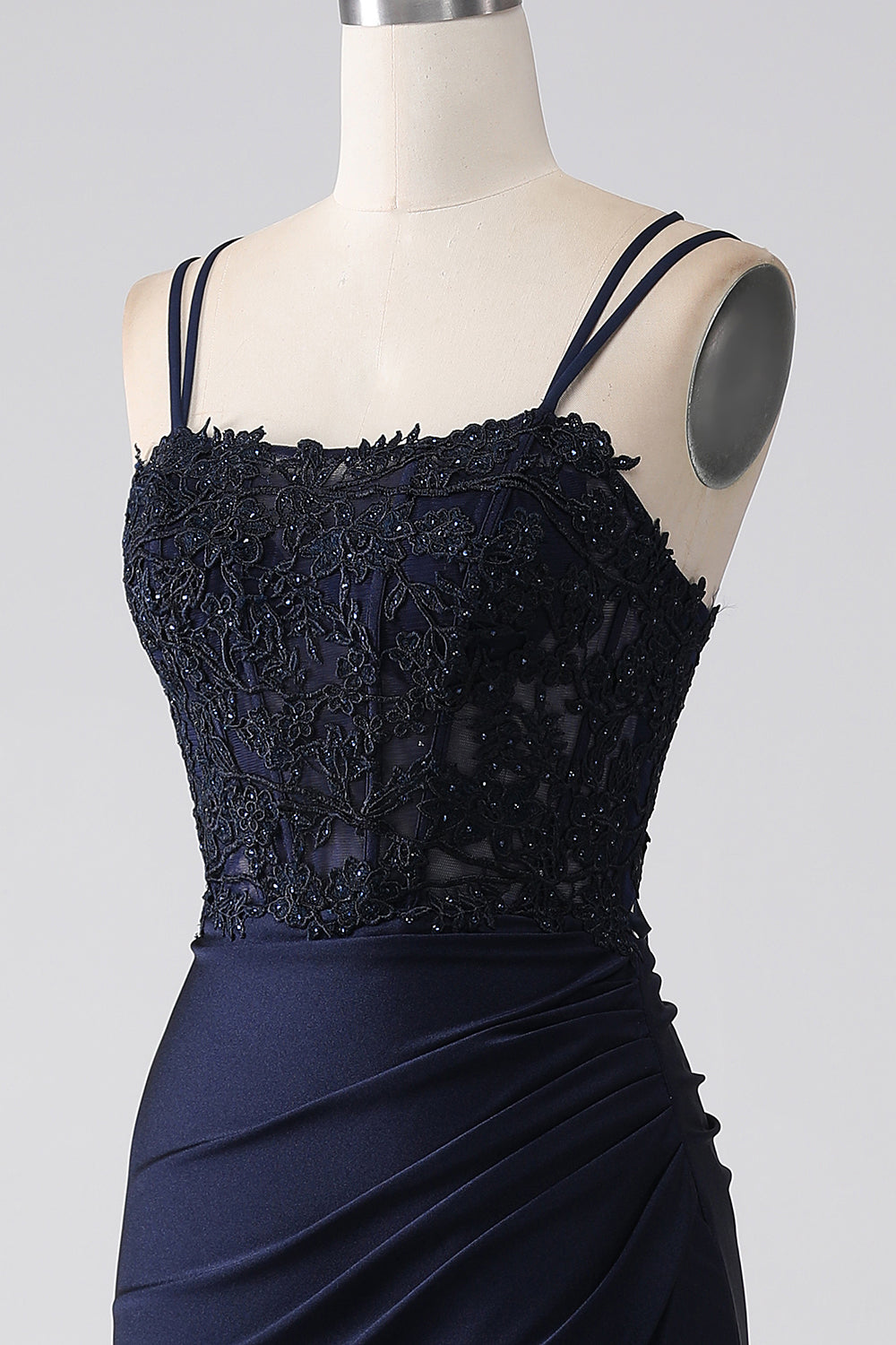 Mermaid Spaghetti Straps Beaded Navy Ball Dress with Ruffles