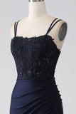 Mermaid Spaghetti Straps Beaded Navy Ball Dress with Ruffles