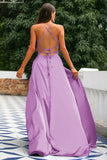 Royal Blue A-Line Spaghetti Straps Backless Long Satin Ball Dress with Slit