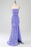 Royal Blue Mermaid Strapless Sequins Long Ball Dress With Slit