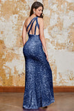 Glitter Black Mermaid One Shoulder Sequins Ball Dress With Slit