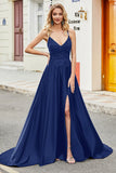 Royal Blue A Line Spaghetti Straps Long Backless Ball Dress with Appliques