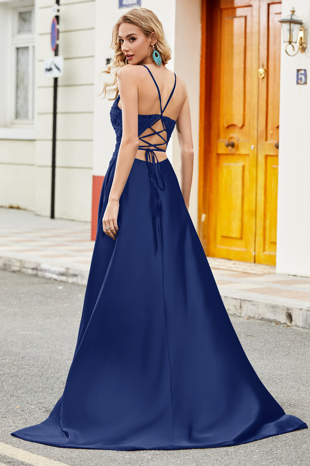 Royal Blue A Line Spaghetti Straps Long Backless Ball Dress with Appliques