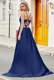 Royal Blue A Line Spaghetti Straps Long Backless Ball Dress with Appliques
