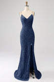 Black Mermaid Spaghetti Straps V-Neck Sequin Long Ball Dress With Split