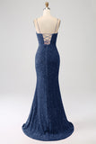 Black Mermaid Spaghetti Straps V-Neck Sequin Long Ball Dress With Split