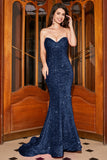 Sparkly Mermaid Sweetheart Sweep Train Black Ball Dress With Sequins