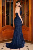 Sparkly Mermaid Sweetheart Sweep Train Black Ball Dress With Sequins