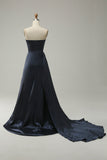 A Line Sweetheart Navy Long Ball Dress with Split Front
