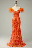 Orange Sequins Off the Shoulder Mermaid Ball Dress with Feathers