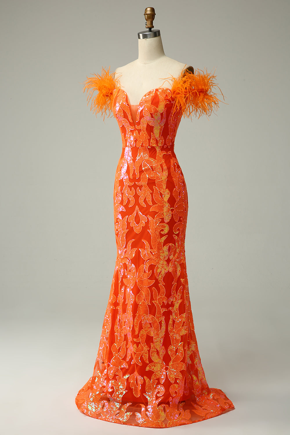 Orange Sequins Off the Shoulder Mermaid Ball Dress with Feathers