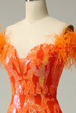 Orange Sequins Off the Shoulder Mermaid Ball Dress with Feathers