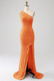 Sparkly Orange Mermaid One Shoulder Sequins Ball Dress with Slit