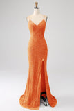Black Mermaid Spaghetti Straps V-Neck Sequin Long Ball Dress With Split