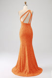 Sparkly Orange Mermaid One Shoulder Sequins Ball Dress with Slit