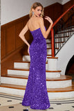 Sparkly Red Mermaid Strapless Sequins Long Ball Dress With Slit