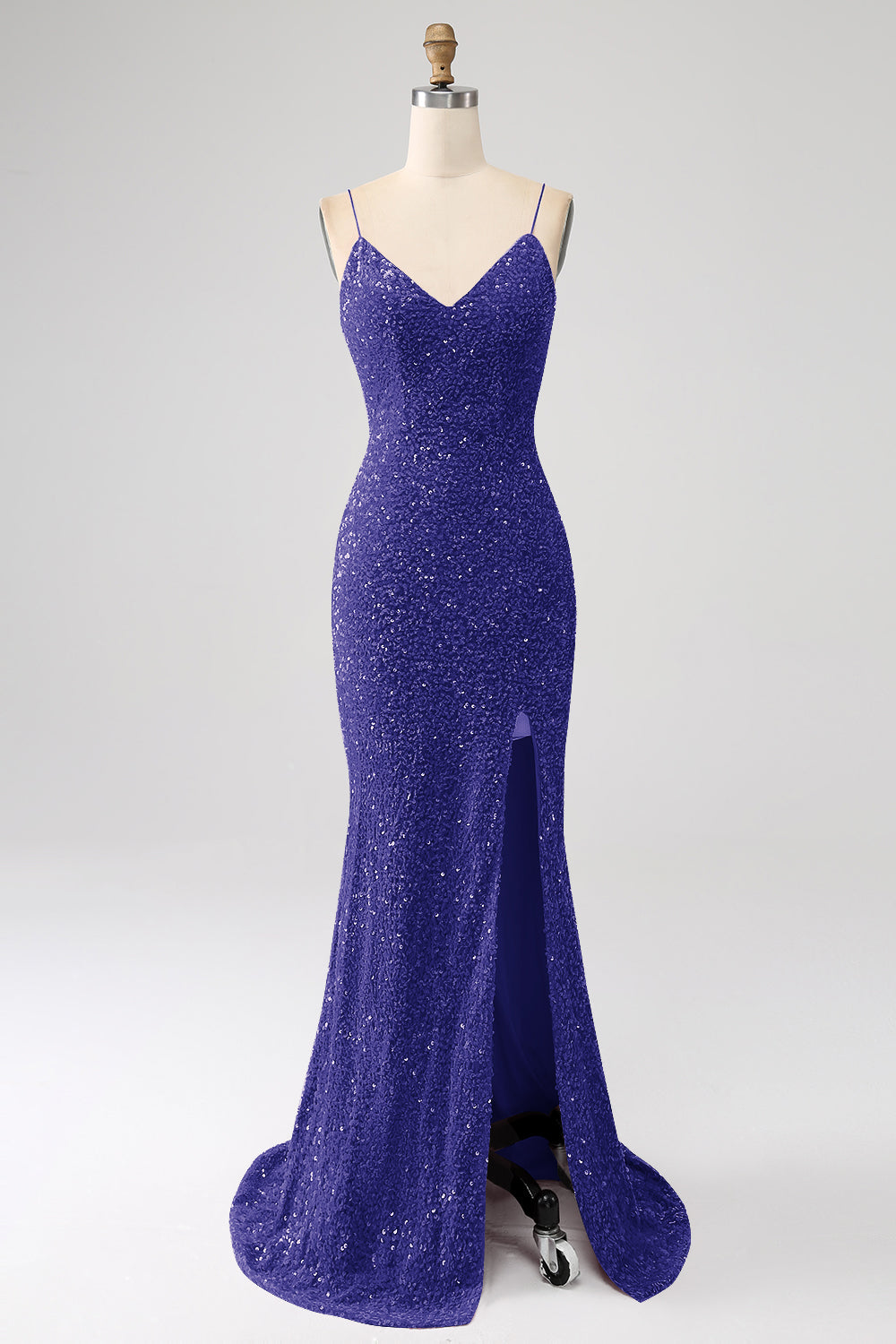 Black Mermaid Spaghetti Straps V-Neck Sequin Long Ball Dress With Split