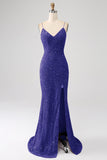 Black Mermaid Spaghetti Straps V-Neck Sequin Long Ball Dress With Split