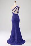 Sparkly Orange Mermaid One Shoulder Sequins Ball Dress with Slit