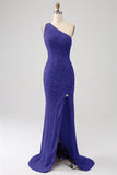 Sparkly Orange Mermaid One Shoulder Sequins Ball Dress with Slit