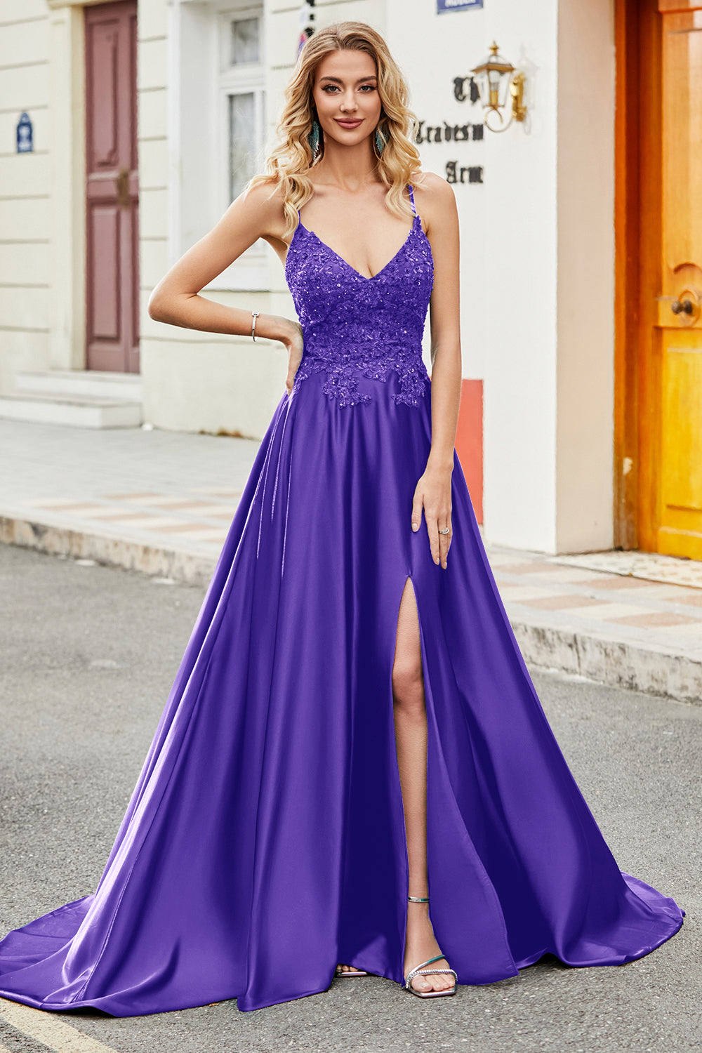 Royal Blue A Line Spaghetti Straps Long Backless Ball Dress with Appliques