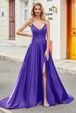 Royal Blue A Line Spaghetti Straps Long Backless Ball Dress with Appliques