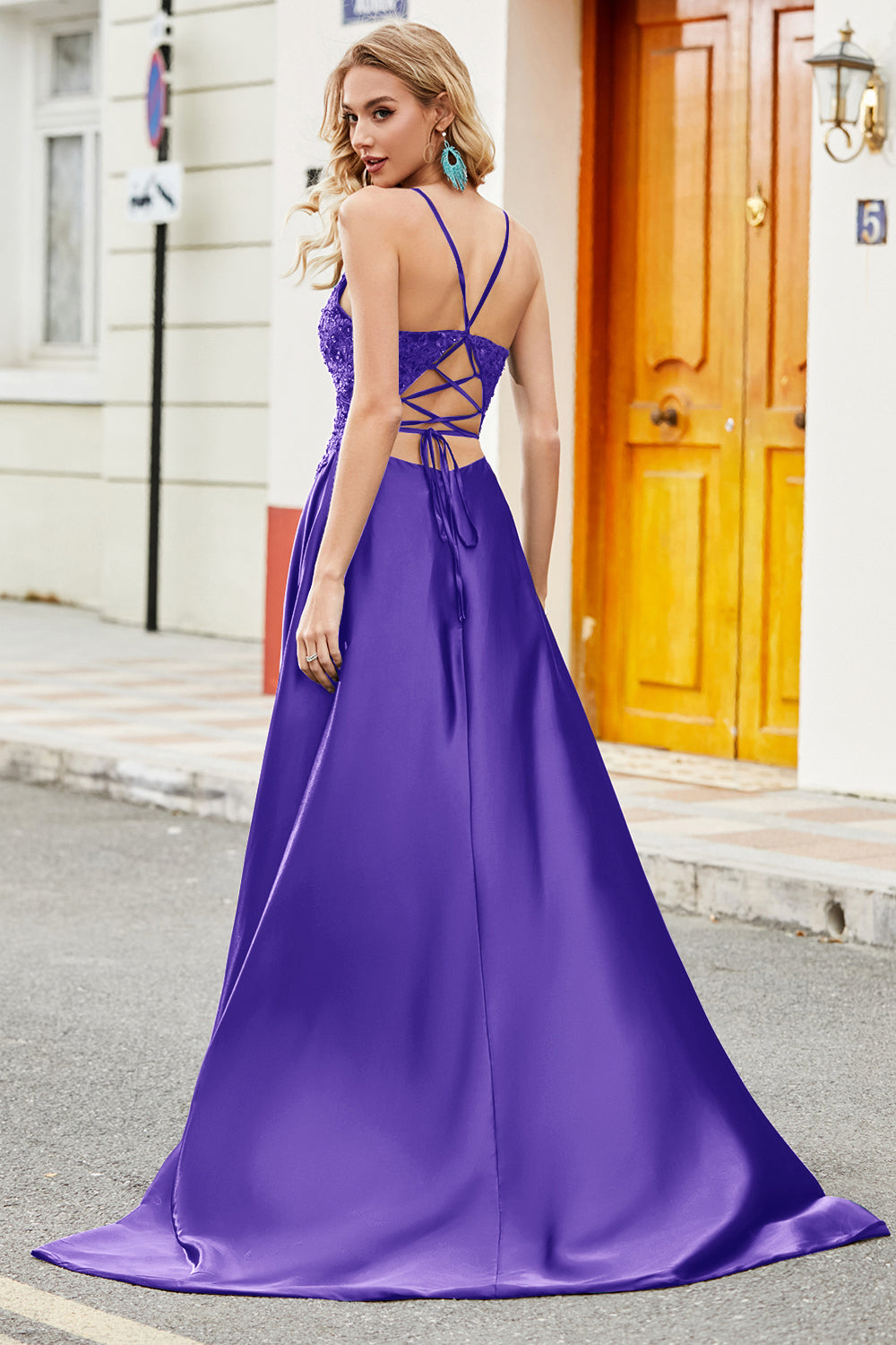 Royal Blue A Line Spaghetti Straps Long Backless Ball Dress with Appliques