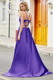 Royal Blue A Line Spaghetti Straps Long Backless Ball Dress with Appliques
