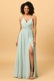 Agave Green A-Line Ruched Long Chiffon Bridesmaid Dress