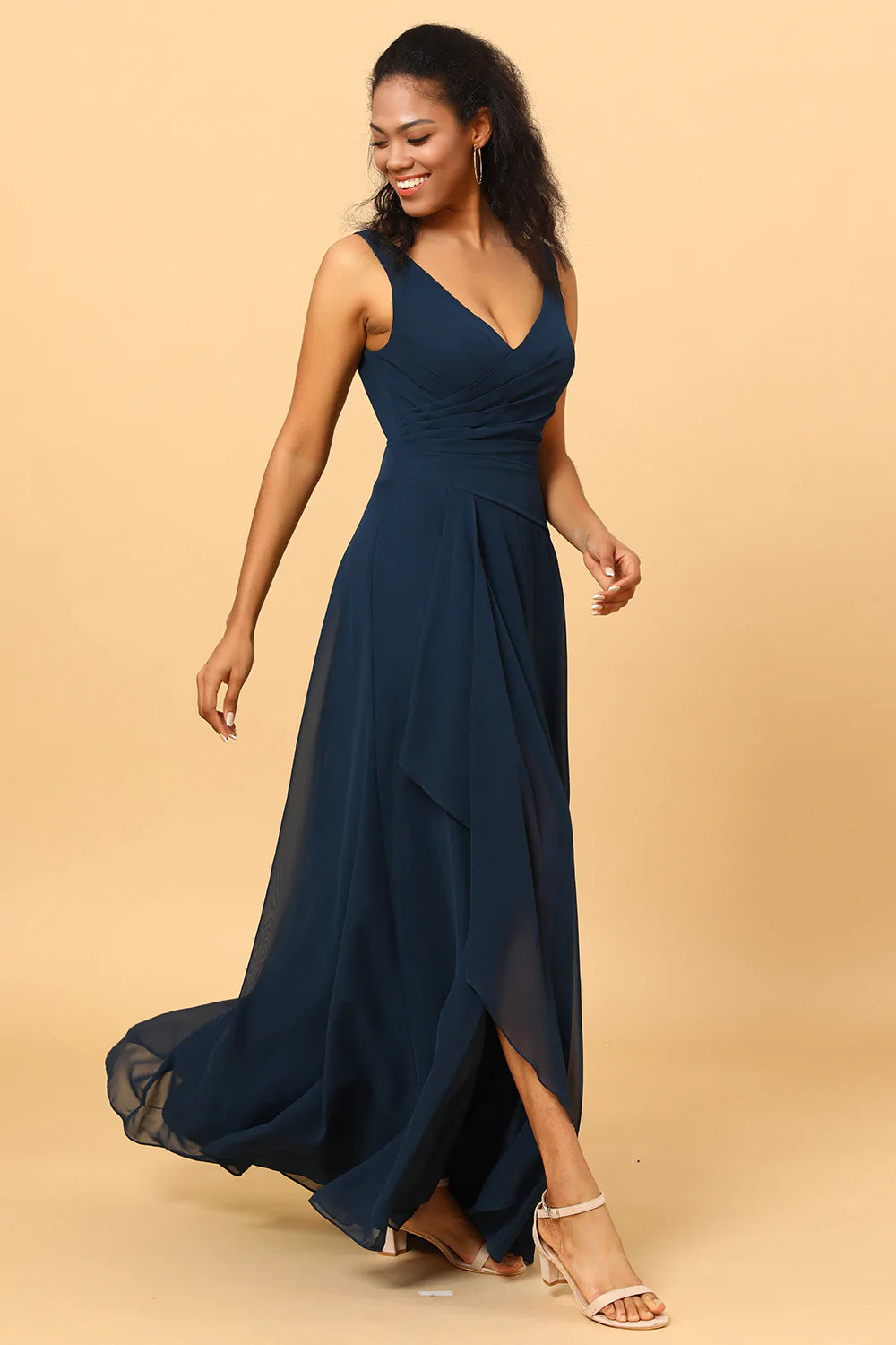 Dark Navy V-Neck Chiffon Bridesmaid Dress with Ruffles