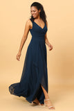Dark Navy V-Neck Chiffon Bridesmaid Dress with Ruffles