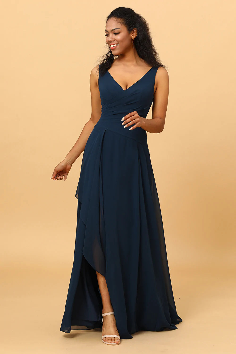 Dark Navy V-Neck Chiffon Bridesmaid Dress with Ruffles