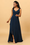 Dark Navy V-Neck Chiffon Bridesmaid Dress with Ruffles
