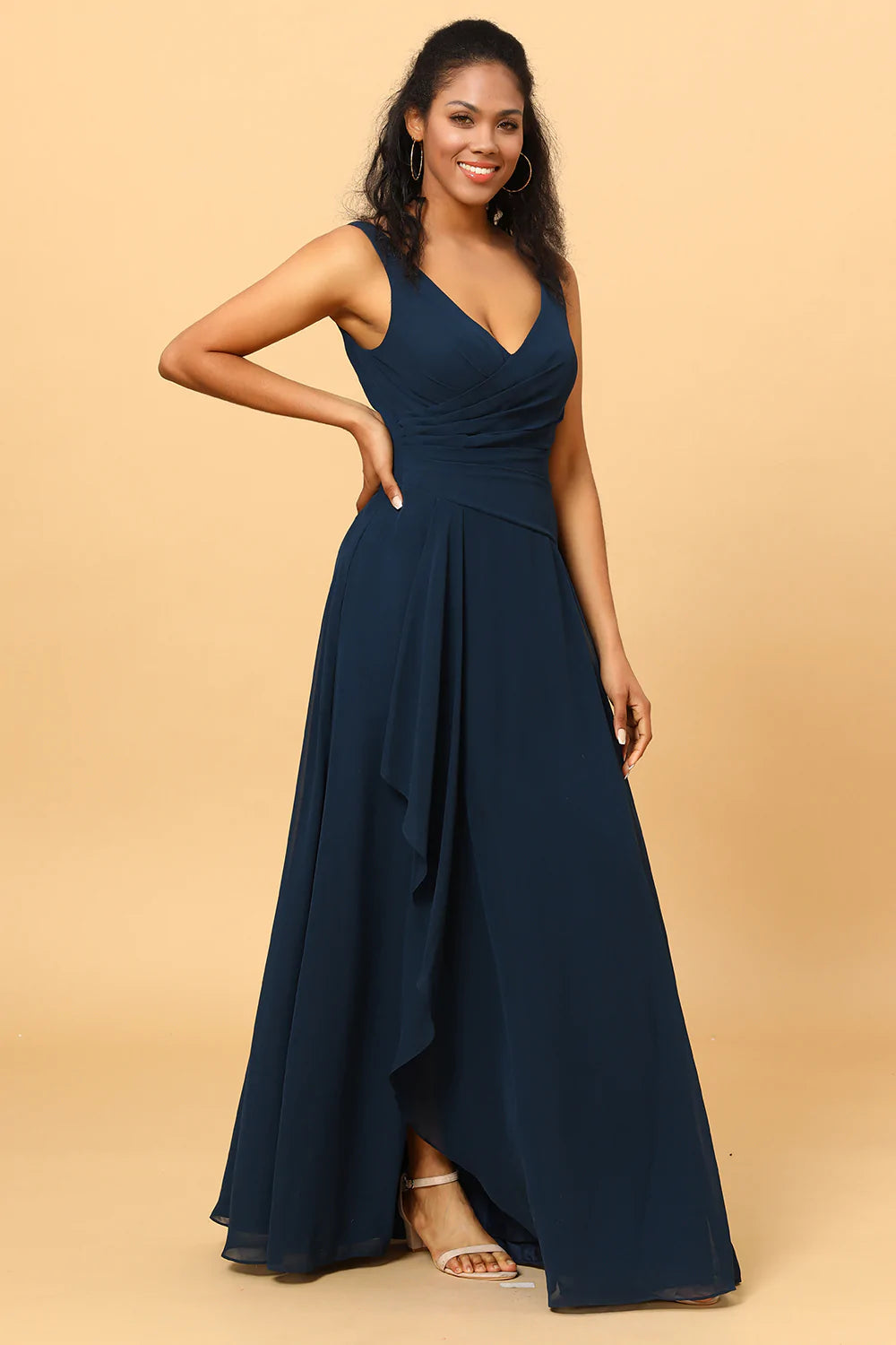 Dark Navy V-Neck Chiffon Bridesmaid Dress with Ruffles