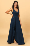 Dark Navy V-Neck Chiffon Bridesmaid Dress with Ruffles