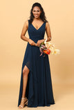 Dark Navy V-Neck Chiffon Bridesmaid Dress with Ruffles