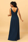 Dark Navy V-Neck Chiffon Bridesmaid Dress with Ruffles