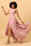 Dusty Rose Long Chiffon Pleated Bridesmaid Dress with Slit