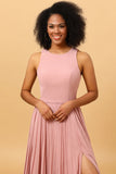 Dusty Rose Long Chiffon Pleated Bridesmaid Dress with Slit