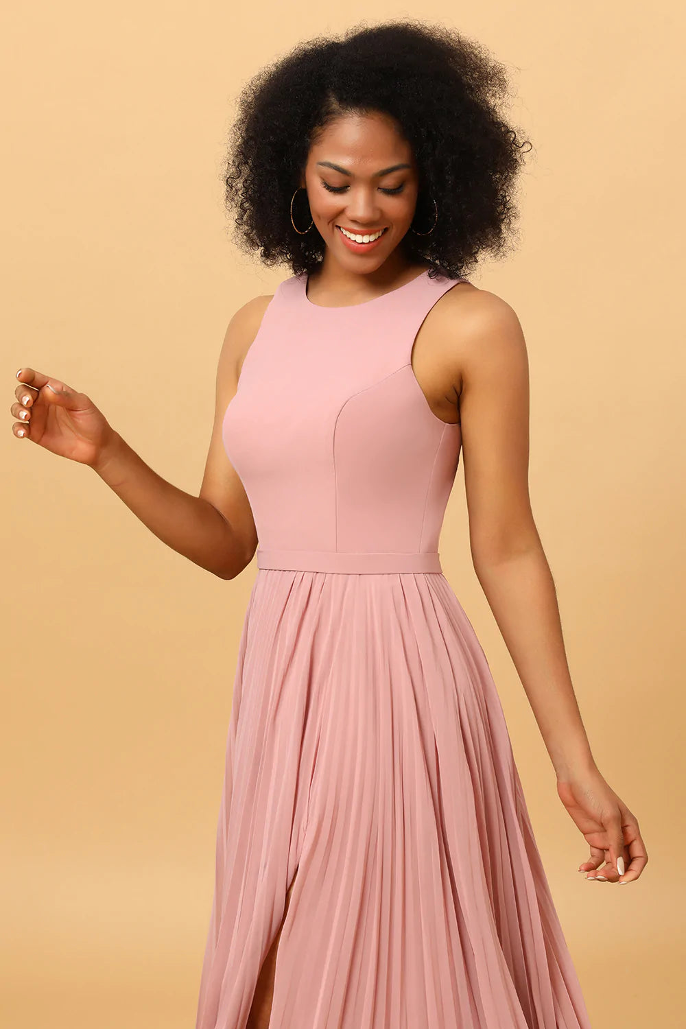 Dusty Rose Long Chiffon Pleated Bridesmaid Dress with Slit