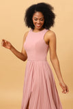 Dusty Rose Long Chiffon Pleated Bridesmaid Dress with Slit
