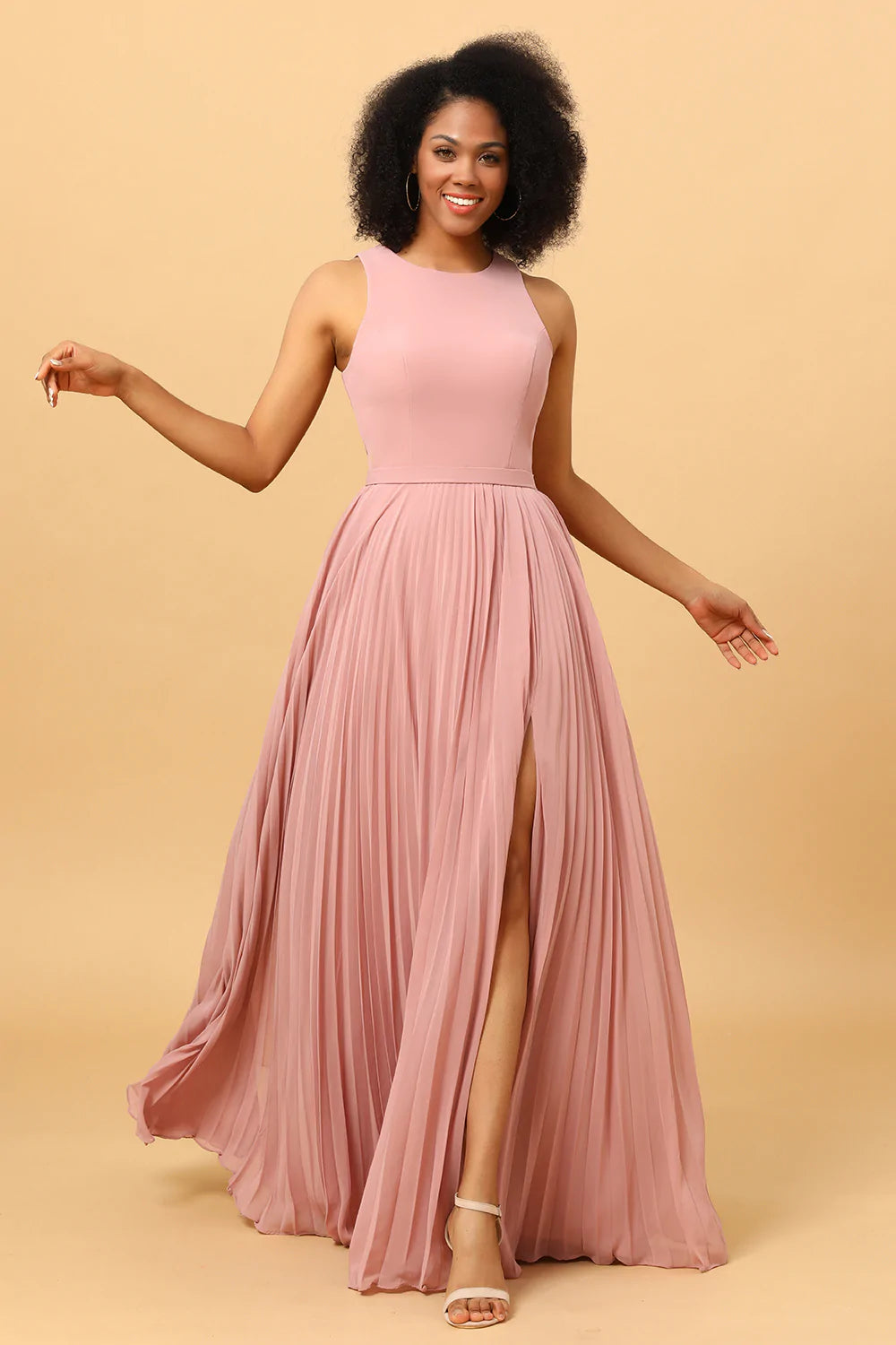 Dusty Rose Long Chiffon Pleated Bridesmaid Dress with Slit