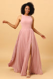 Dusty Rose Long Chiffon Pleated Bridesmaid Dress with Slit