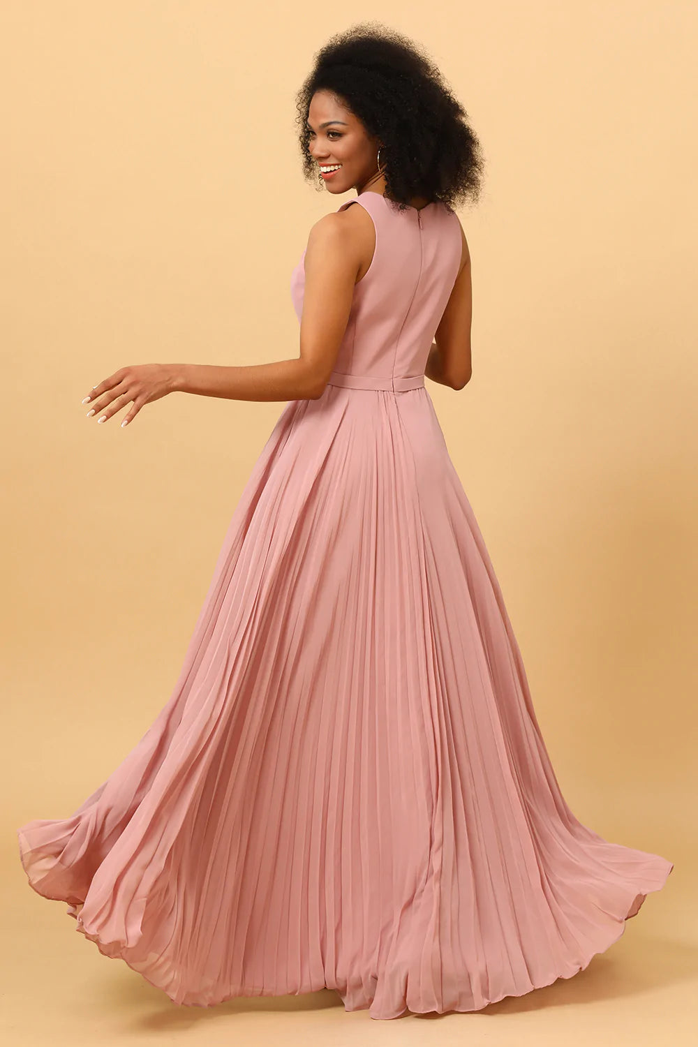 Dusty Rose Long Chiffon Pleated Bridesmaid Dress with Slit