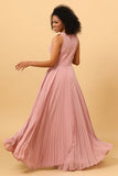 Dusty Rose Long Chiffon Pleated Bridesmaid Dress with Slit