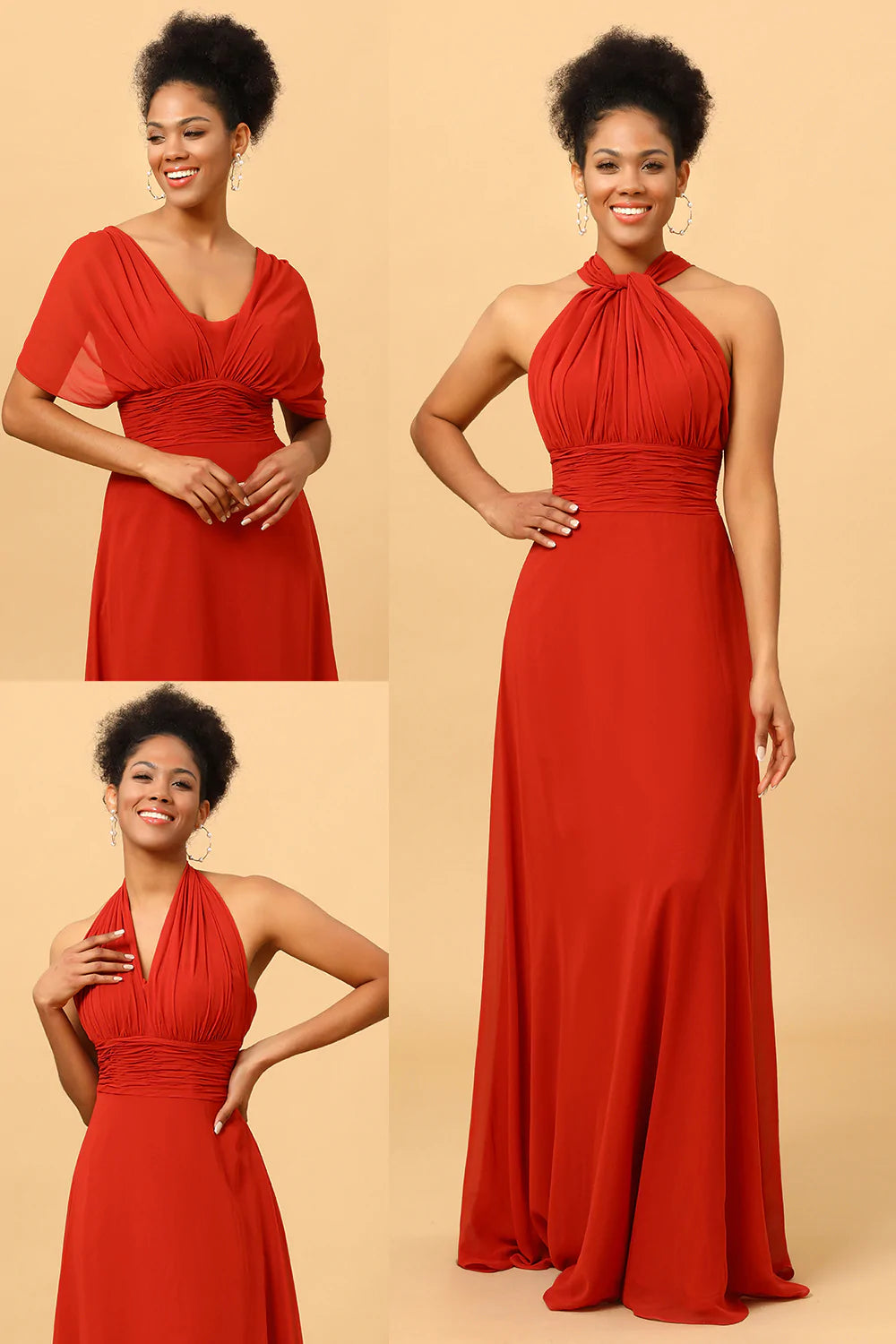 Rust Red Convertible Chiffon Long Bridesmaid Dress