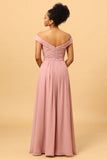 Dusty Rose Ruffles Floor Length Chiffon Bridesmaid Dress with Slit
