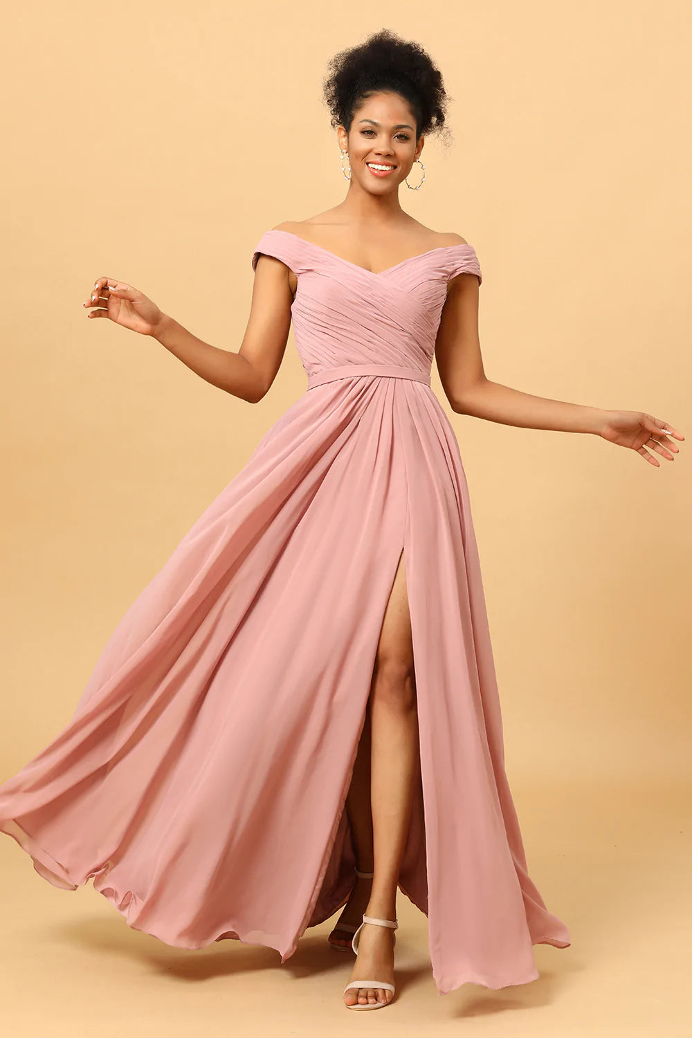 Dusty Rose Ruffles Floor Length Chiffon Bridesmaid Dress with Slit